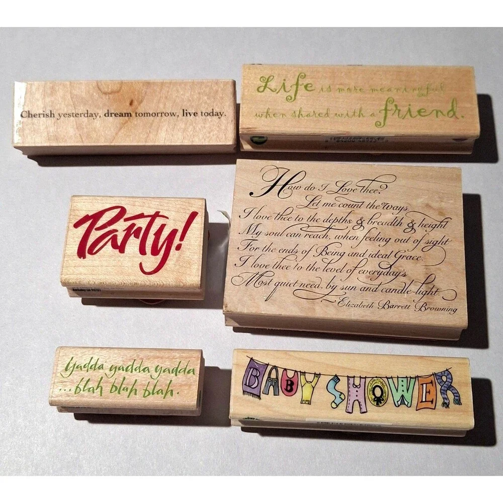 Lot of 6 Vintage Wooden Rubber Stamps Quotes, Party, Baby Shower, Poem Crafts